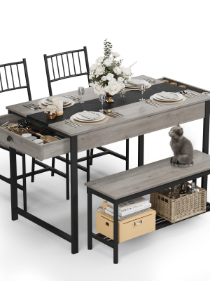GarveeHome Dining Table Set for 4, Small Kitchen Table and 2 Chairs for 4 with Bench, Space Saving Kitchen Table Set with Storage Rack & Drawers, Breakfast Nook Rectangular Farmhouse Table Set, Grey