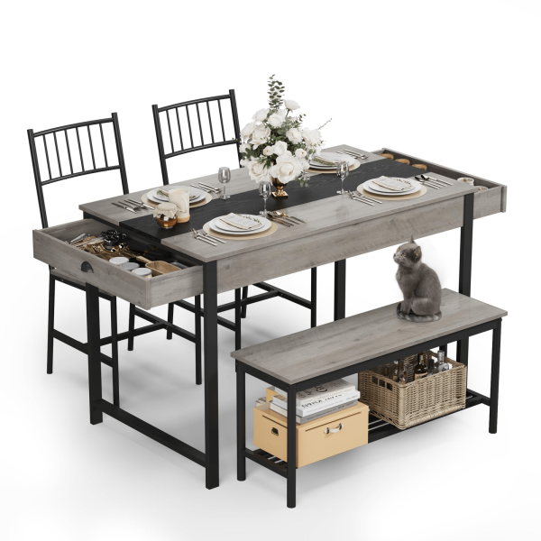 product-open-0cd7d86bfb8c41e38248aaf0fc311ddb-goods GarveeHome Dining Table Set for 4, Small Kitchen Table and 2 Chairs for 4 with Bench, Space Saving Kitchen Table Set with Storage Rack & Drawers, Breakfast Nook Rectangular Farmhouse Table Set, Grey