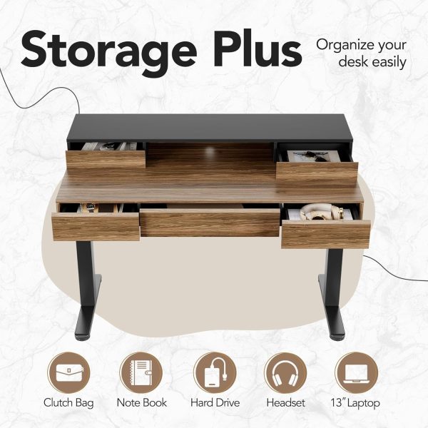 product-open-0cec0b5f89504902b503cf95c07d94fe-goods Electric Standing Desk with Drawers | 48 Inches Height Adjustable, Monitor Shelf, Whole-Piece Board, 4 Memory Height Settings, Classic Wood Color, PERLECARE
