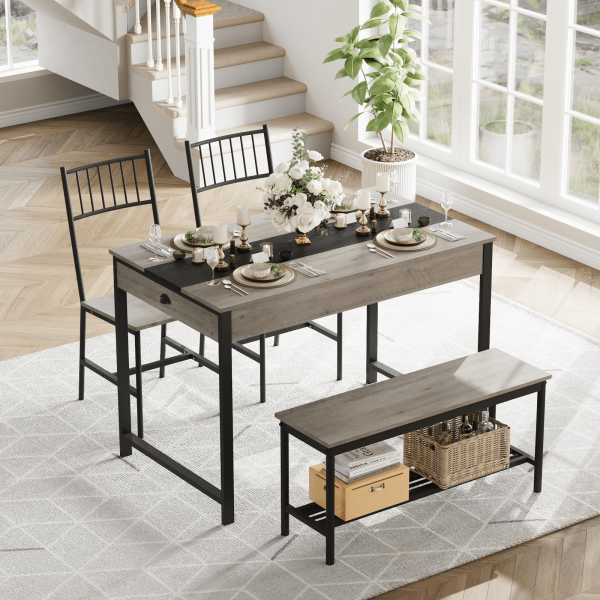 product-open-0e2fffd09fa648149837775b446cf3ce-goods GarveeHome Dining Table Set for 4, Small Kitchen Table and 2 Chairs for 4 with Bench, Space Saving Kitchen Table Set with Storage Rack & Drawers, Breakfast Nook Rectangular Farmhouse Table Set, Grey