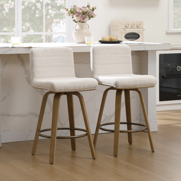 Pair of Contemporary Bar Stools Featuring Backs, Rotating Counter-Height Design, Upholstered Fabric for Kitchen Islands, Sturdy Wooden Legs, Ideal for Home Kitchens And Pubs