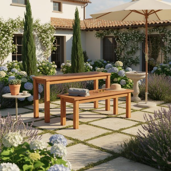 product-open-0eb9e6c7bffa4451a3af492e75d75a09-goods 2pcs Solid Wood Outdoor Bench Set, Backless Patio Bench with Slatted Surface, Outdoor Wooden 2-Person Bench for Park, Porch, Garden, Indoor Shoe Bench, Supports Up to 330 LBS Each
