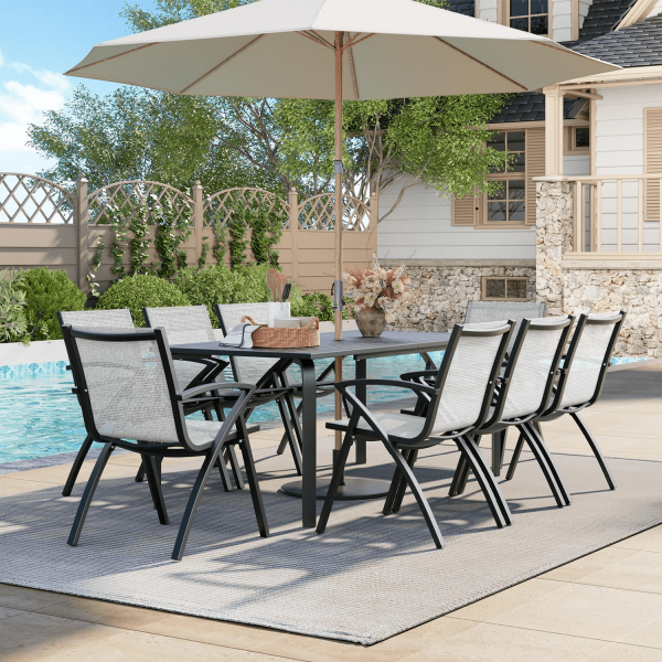 71-Inch Rectangular Aluminum Outdoor Dining Table Designed for Patios, Featuring an Umbrella Hole, Resistant to Weather And Rust, Accommodating 6 to 8 Individuals for Backyard And Deck Use