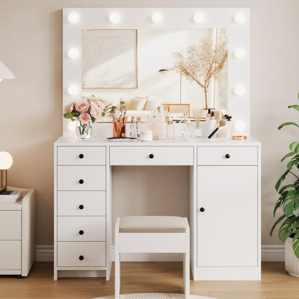 White Makeup Vanity With Mirror, Vanity Desk With 7 Storage Drawers And 1 Cabinet. Large Table Top, Space Saving, Home Organizer.