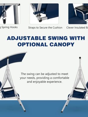 2-Seat Patio Porch Swing with Stand, Outdoor Swing Chair with Adjustable Canopy & Cup Holders for Backyard, Garden & Deck