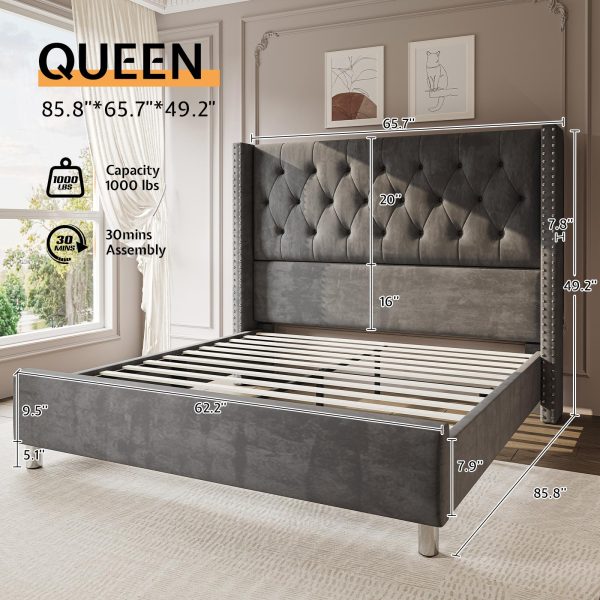 product-open-0f49fa0cc624448da841c5a950cb1158-goods LUXOAK Modern Luxury 50" Wingback Bed Frame with Plush Beige/White Velvet Upholstery - Queen/King Size Platform Bed, Button Tufted Headboard & Nailhead Trim, Sturdy Frame, No Box Spring Needed, Easy Assembly (30-Min Setup)