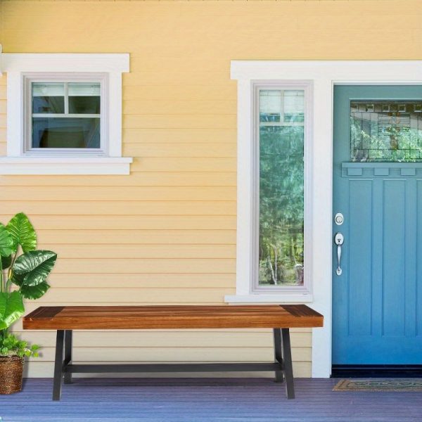 product-open-0f58816edc1e46d7bfaaf1d536d5e886-goods Outdoor Bench Measuring 63 Inches by 58 Inches, Featuring Metal Legs And a Rustic Wooden Design, Suitable for Both Indoor And Outdoor Dining on Porches Or Patios