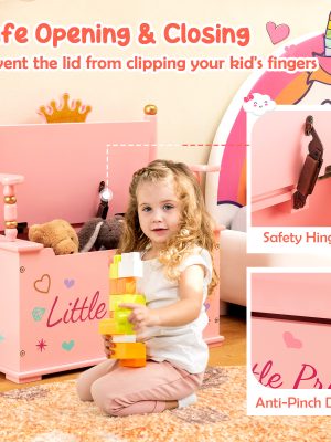 COSTWAY Kids Storage Organizer, 2-in-1 Storage Chest & Bench, w/ Safety Hinge & High Backrest, Cute Crown Pattern, Storage Organizer for Kids Room, Playroom, Nursery