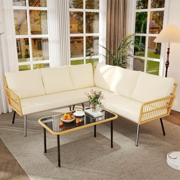 product-open-10107671b3dc462eb65761da0a6b74ef-goods Senfot 4pcs Outdoor Patio Furniture Set with Table, All-Weather Boho Wicker Rattan Patio Sectional L-Shaped Sofa, Metal Frame, Detachable Cushions, for Patio, Balcony, Backyard, Deck, Beige