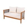2pcs Acacia Patio Furniture Set, Outdoor Unique Tub Design Loveseat with Woven Rope Table, Deep Seating with Soft Cushions for Porch, Garden, Backyard, Balcony, Teak End And Beige Cushion