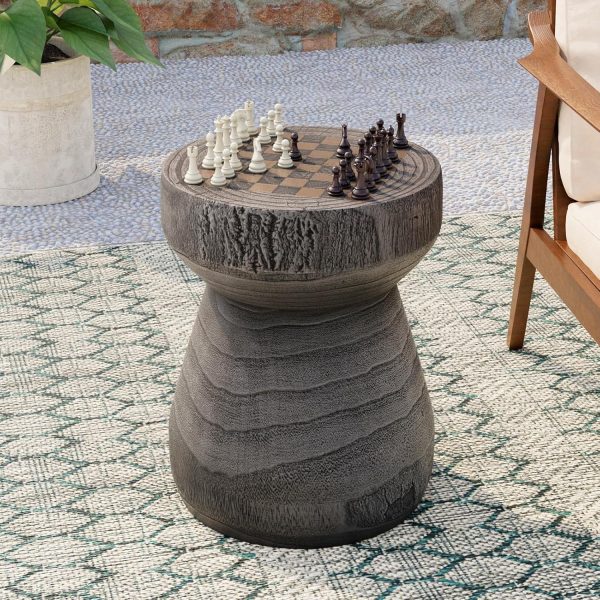 Modern Concrete Side Table, 14" Round Checkerboard End Table for Living Room, Industrial Grey Coffee Table & Magazine Stand, Heavy-Duty MGO Accent Table for Bedroom, Minimalist Garden Stool & Plant Stand (Grey/Brown)