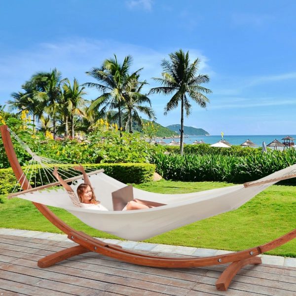 product-open-11cdbef095ed4deab01a5c0a974ca3bf-goods 2-Person Heavy-Duty Larch Wood Hammock with Stand - Suitable for Backyard, Garden, Patio & Indoor Use, Breathable Oxford-Coated Canvas Double Hammock, Sturdy Frame for, Outdoor Furniture for Balcony Or
