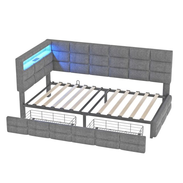 Upholstered Twin Size Daybed with Storage 2 Drawers and Charging Station, Day Bed Frame with LED Lights and Storage Headboard, No Box-Spring Needed, Beige