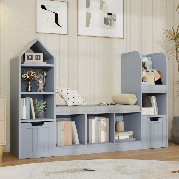 product-open-127004bd8b654eea95c772b1c1ed8084-goods Nordic Style Bookcase with Reading Nook | Space-Saving Storage Cabinet with 7 Cubbies, 2 Movable Drawers & Seat Cushion, Multifunctional Organizer for Living Room, Bedroom, Office, Wood Color, Hardwood Material, VABCHES Brand
