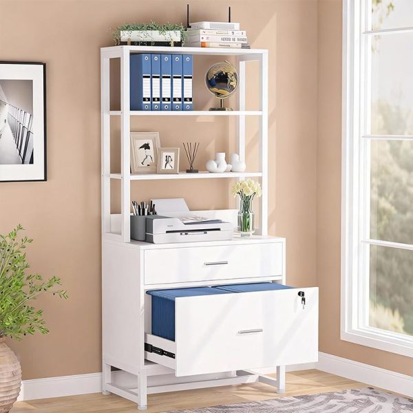 product-open-1294dfebe794447caeab2684019e6ccb-goods LustreC 2 Drawer Vertical File Cabinet with Lock & Bookshelf, Letter Size Large Modern Filing Cabinet Printer Stand with Open Storage Shelves for Home Office, White