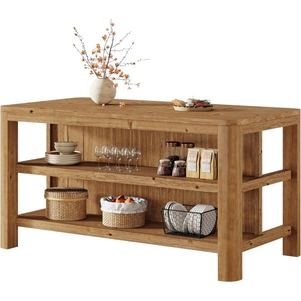 product-open-12f140f0bdcc4c139d209f875bb68b55-goods 63-Inch Solid Wood Kitchen Island with Ample Storage Shelves, Farmhouse Style Kitchen Island Table with Seating, Counter Height Bar Table for Dining Room & Kitchen, Sturdy Construction & Easy to Assemble