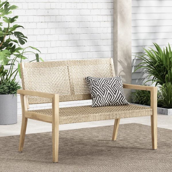product-open-141039a452af4f7ead9ab4f89da84a77-goods Urban Rustic Outdoor Wicker And Acacia Wood Loveseat, Light Multibrown And Light Brown, 34'' H X 5'' X 27.25'' D