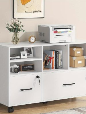 2 Drawer Wood Mobile Large Lateral File Cabinet with Lock, Lockable Rolling Filing Cabinet with Storage Shelves, Printer Stand Office Storage Cabinet for Home Office Fits Files Legal/A4, White