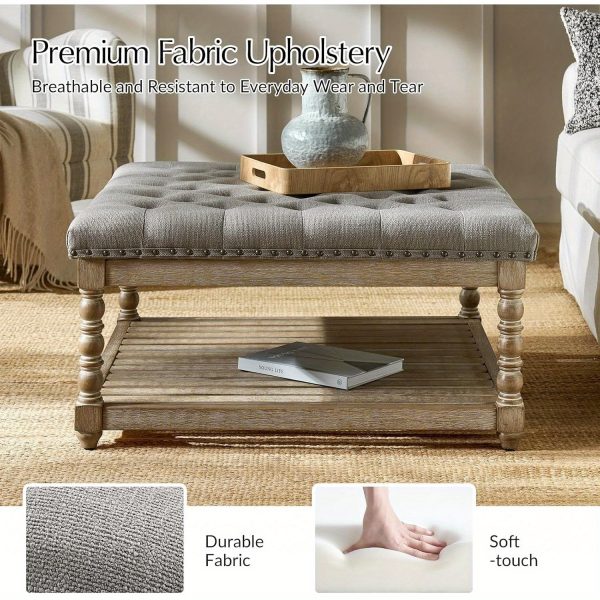 product-open-15098a0451934967b6b1ea5d901f0daa-goods Rectangular Upholstered Coffee Table Ottoman Featuring Spindle Wooden Legs, Tufted Design, And a Solid Wood Storage Shelf for The Living Room