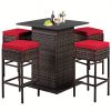 product-open-1578d5799a2641e6a5cc1d9287368b1e-goods LIFEZEAL 5pcs Outdoor Patio Rattan Bar Table and 4 Stools with Hidden Storage Shelf, Cushion Chairs - -Weather PE Rattan & Frame, Red/Black/Navy/Beige Wicker Furniture for Poolside,, Backyard (Complete Set)