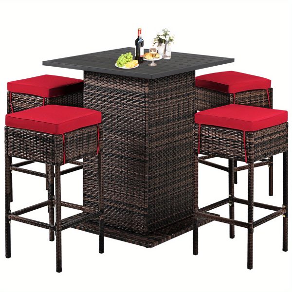 product-open-1578d5799a2641e6a5cc1d9287368b1e-goods LIFEZEAL 5pcs Outdoor Patio Rattan Bar Table and 4 Stools with Hidden Storage Shelf, Cushion Chairs - -Weather PE Rattan & Frame, Red/Black/Navy/Beige Wicker Furniture for Poolside,, Backyard (Complete Set)