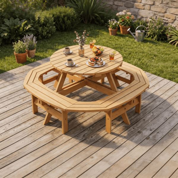 product-open-15b427424fd5469ca36100261e86d477-goods 8-Person Round Wooden Picnic Table with Umbrella Hole, Wood Outdoor Dining Set with 4 Built-In Benches for Garden, Patio And Backyard