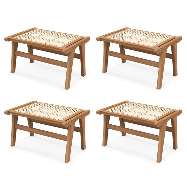 product-open-15d8524bfd80469590e3bcf26006ecef-goods Ottoman Footstool, Natural Teak Wooden Foot Rest W/ Handwoven Rattan for Living Room Bedroom Office, 14" H, Indoor