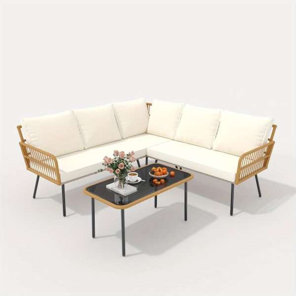 product-open-15f8a994e042408ebfb9a8d755aa9758-goods Senfot 4pcs Outdoor Patio Furniture Set with Table, All-Weather Boho Wicker Rattan Patio Sectional L-Shaped Sofa, Metal Frame, Detachable Cushions, for Patio, Balcony, Backyard, Deck, Beige