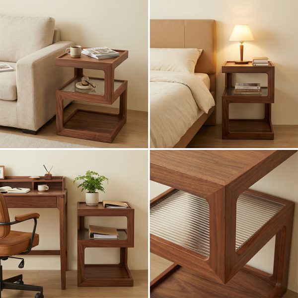 A Bedside Table That Doesn't Require Assembly Bedside Table, Walnut Wood Nightstand, Small Bedside Table with Open Compartment, Tempered Glass Top, Modern End Table for Bedroom & Living Room Furniture
