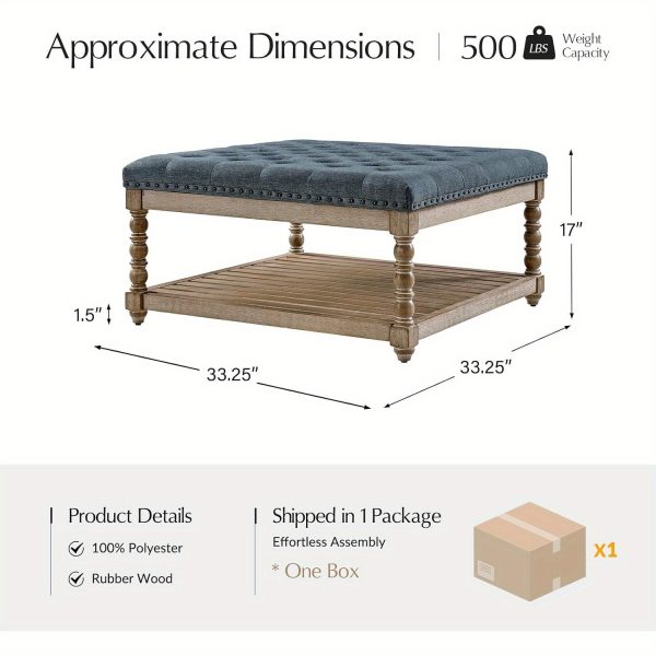 product-open-1621c9330c5f4d7c84e9ddb106ed281e-goods Rectangular Upholstered Coffee Table Ottoman Featuring Spindle Wooden Legs, Tufted Design, And a Solid Wood Storage Shelf for The Living Room