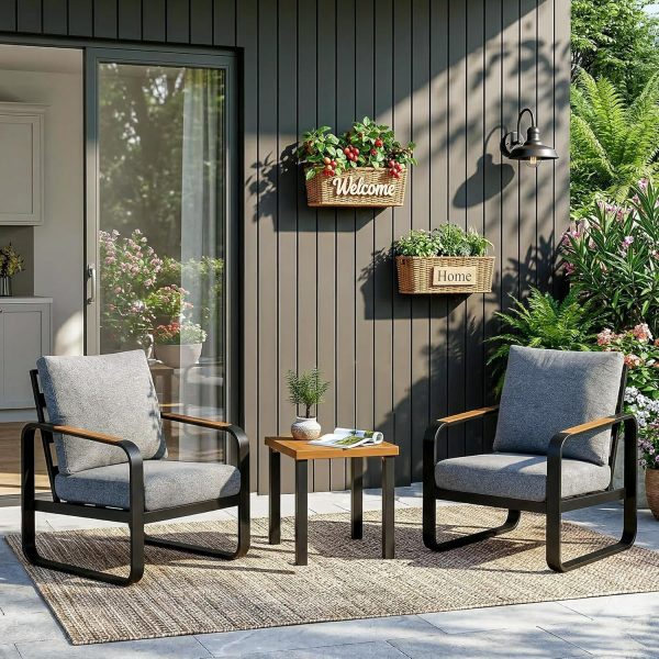 Outdoor Patio Lounge Chair with Beige Cushions, Black Aluminum Frame, Wood Armrests, Modern Style, Ideal Fathers Day Gift