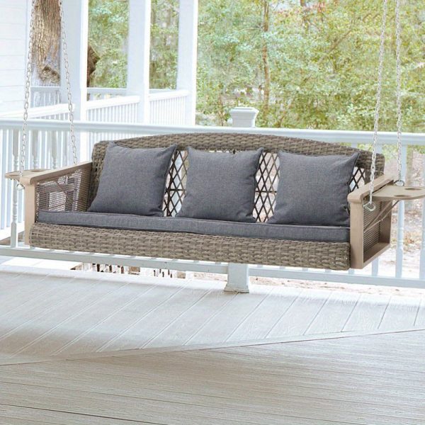product-open-16961320b7b043c2be3ce35b4f8d8167-goods Gray 3-Person Wicker Porch Swing Featuring a 1.5-Foot Cup Holder, a 55-Inch Patio Hanging Swing Bench Complete with Cushions, And a Weight Capacity of 800 Pounds