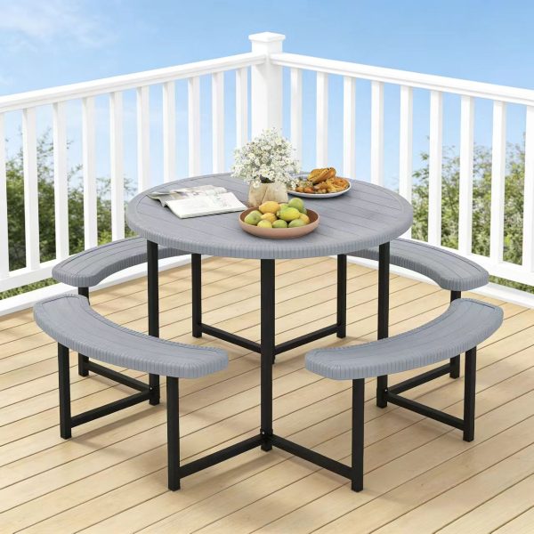 product-open-179e2a8fc4084a05a9ac942d78dad790-goods 8-Person Round Picnic Table Set, 37-Inch Outdoor Dining Table with 4 Curved Benches And Umbrella Hole, HDPE Top And Metal Frame, Circular Patio Camping Table for Backyard, Garden, Lawn, Porch