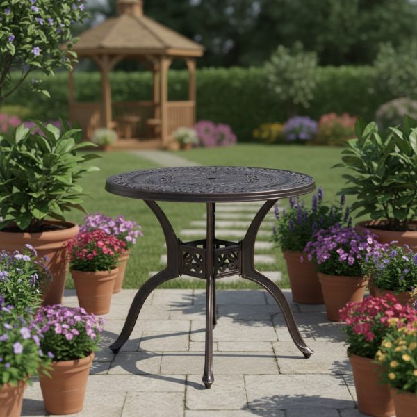 31. 5-Inch Cast Aluminum Dining Table, Round Bistro Table W/ 1. 96-Inch Umbrella Hole & Adjustable Leveling Feet, Robust Metal Patio Table for Backyard & Porch