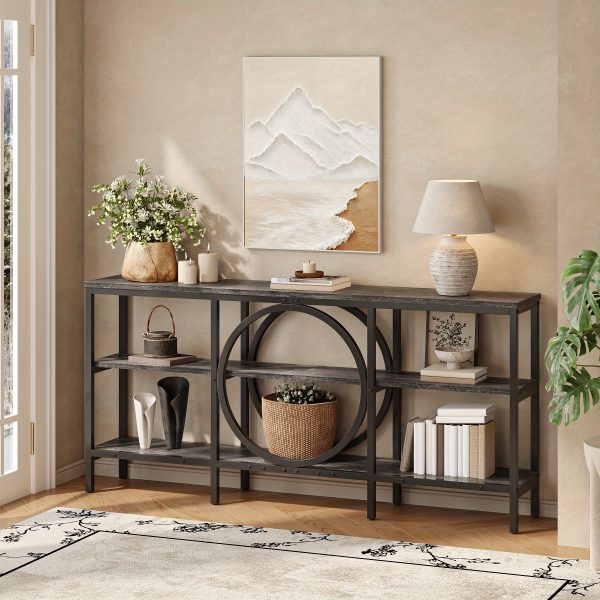 product-open-185677c117ee460d8af80daf81b6bce7-goods Industrial Farmhouse Console Table - Extra Long 66.9 Inch Narrow Sofa Table with 3-Tier Reclaimed Wood Shelves & Sturdy Metal Frame, Space-Saving Storage Cabinet for Entryway, Hallway, Living Room - Easy Assembly, 50lb/Shelf Capacity, Entryway Organizer | Industrial Chic | Elevated Metal Legs