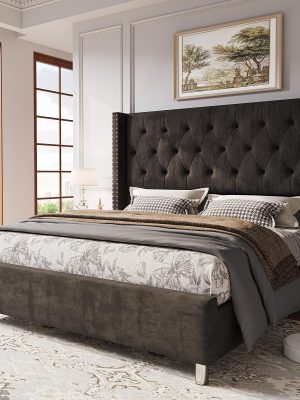 LUXOAK Modern Luxury 50" Wingback Bed Frame with Plush Beige/White Velvet Upholstery - Queen/King Size Platform Bed, Button Tufted Headboard & Nailhead Trim, Sturdy Frame, No Box Spring Needed, Easy Assembly (30-Min Setup)
