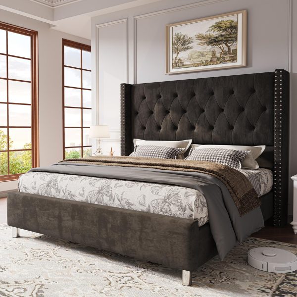 product-open-1924e56b19a44450b20939b5192c2bcb-goods LUXOAK Modern Luxury 50" Wingback Bed Frame with Plush Beige/White Velvet Upholstery - Queen/King Size Platform Bed, Button Tufted Headboard & Nailhead Trim, Sturdy Frame, No Box Spring Needed, Easy Assembly (30-Min Setup)