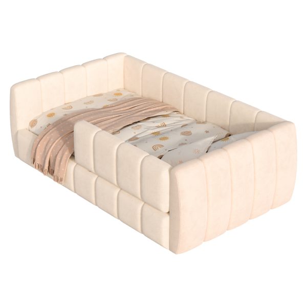 product-open-197e1628932c4aee9e22e7dfd746142a-goods Upholstered Floor Daybed with Removable Guardrails, Compatible with Standard US Mattresses, Safety Bed with High Headboard And Footboard, Beige