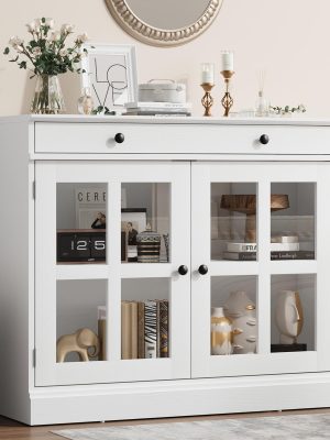GAOMON 35.4Inch Black Sideboard Buffet Cabinet with Glass Doors, Storage Cabinet with Drawer, Modern Buffet And Sideboard for Dining Room, Kitchen, Living Room