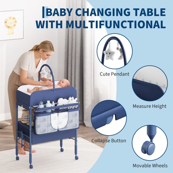 Height-Adjustable Baby Changing Station on Wheels - Compact Design, Two Storage Drawers, Quality - Portable And Space-Efficient Nursery Organizer for Infants And Newborns