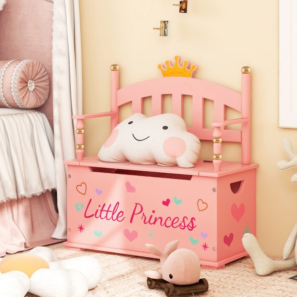 product-open-1a60ee8016754c5bbf861c109a554f2e-goods COSTWAY Kids Storage Organizer, 2-in-1 Storage Chest & Bench, w/ Safety Hinge & High Backrest, Cute Crown Pattern, Storage Organizer for Kids Room, Playroom, Nursery