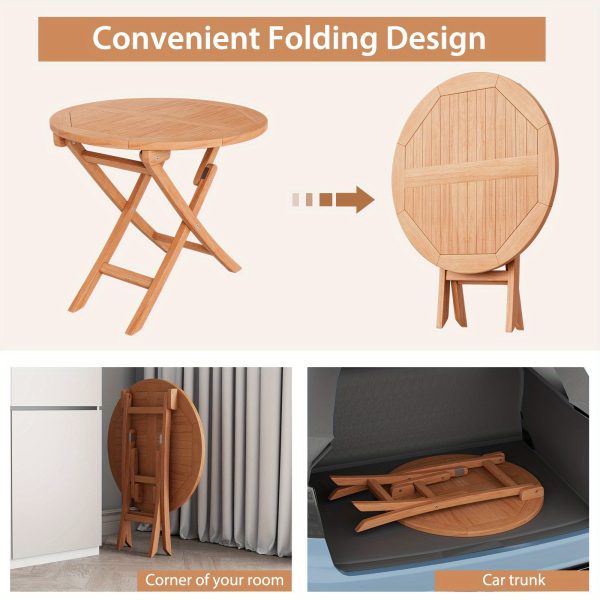 product-open-1a744940789e4cb29b1b6f3acda9c11b-goods COSTWAY 31.5" Solid Indonesia Teak Wood Round Folding Patio Table - Portable Outdoor Dining Table with X-Frame Stability, 220lb Capacity, Natural Finish for Backyard, Poolside & Balcony, Classic Design