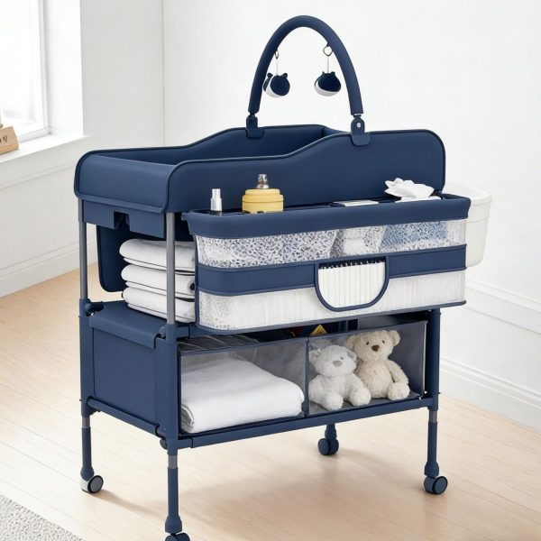 Height-Adjustable Baby Changing Station on Wheels - Compact Design, Two Storage Drawers, Quality - Portable And Space-Efficient Nursery Organizer for Infants And Newborns