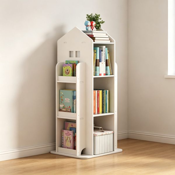 product-open-1b4edf8d7a1444ff9764b3146fe8601e-goods 4-Tier Rotating Bookshelf, 360° Display Book Shelf, Floor Standing Bookcase, Children's Bookshelves for Bedroom, Living Room, Study Room ( WHITE Color)