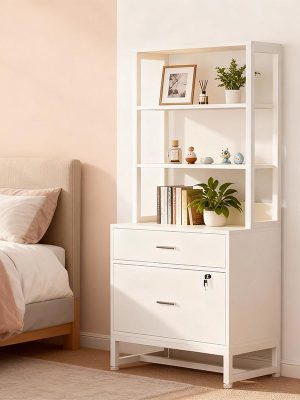 LustreC 2 Drawer Vertical File Cabinet with Lock & Bookshelf, Letter Size Large Modern Filing Cabinet Printer Stand with Open Storage Shelves for Home Office, White