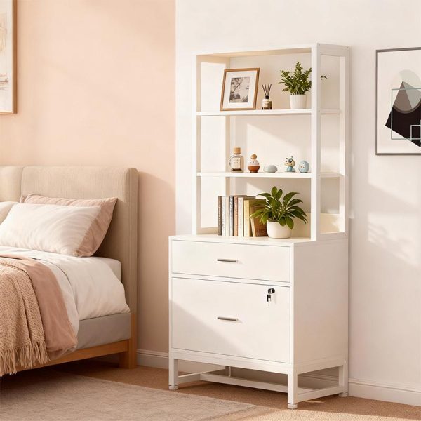 product-open-1b7ee07fd6de4b6c9a4ba1f9156abea8-goods LustreC 2 Drawer Vertical File Cabinet with Lock & Bookshelf, Letter Size Large Modern Filing Cabinet Printer Stand with Open Storage Shelves for Home Office, White