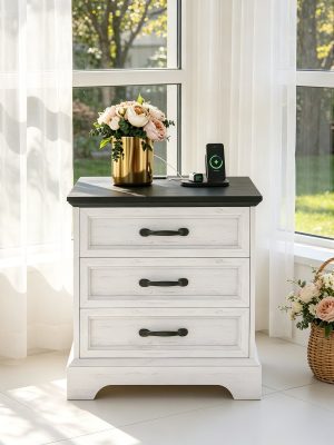 Large 24-inch Modern Farmhouse Nightstand with 3 Drawers - Rustic Bedside Table Suitable for Bedroom & Living Room, Space-Saving End Table with Ample Storage,, Assembly, Multicolor for Small Spaces (Assembly)