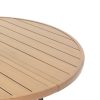 product-open-1bd008a39db44c288f0d0323d8a8a7a3-goods 5pcs Outdoor Patio Dining Set, 47' Round Wood-Grain Slat Table W/ Umbrella Hole And 4 Stacking Metal Chairs 350 Lbs Capacity, Rustproof, Breathable Design, 30-Min Assembly, Patio, Garden, Balcony