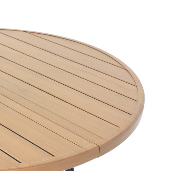 product-open-1bd008a39db44c288f0d0323d8a8a7a3-goods 5pcs Outdoor Patio Dining Set, 47' Round Wood-Grain Slat Table W/ Umbrella Hole And 4 Stacking Metal Chairs 350 Lbs Capacity, Rustproof, Breathable Design, 30-Min Assembly, Patio, Garden, Balcony