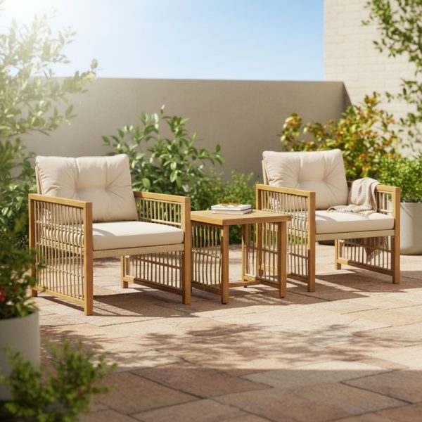 product-open-1c0332878ad74f7597ce1560d426987c-goods 3pcs Outdoor Acacia Wood & PE Rattan Bistro Set with Removable Cushions & Slatted Coffee Table - All-Weather Patio Furniture, Armchairs and Table for Poolside, Backyard, Balcony - Easy Assembly Required